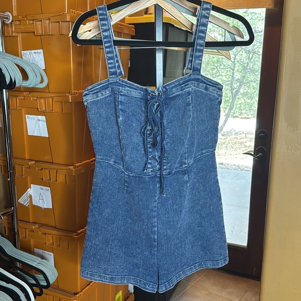 Windsor Denim Lace-Up Romper Size M Blue Corset Style Bodycon Festival Western - Picture 5 of 11